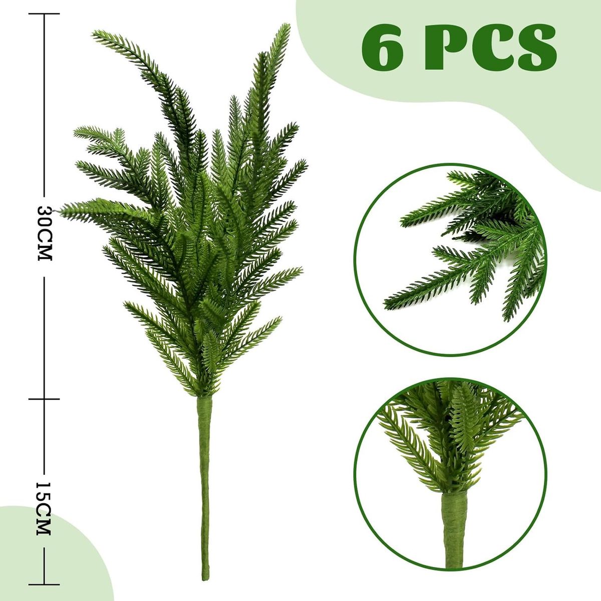 WAKESHOME - Pack 6 Rama De Pino Artificial De Norfolk Para Decoración Navideña