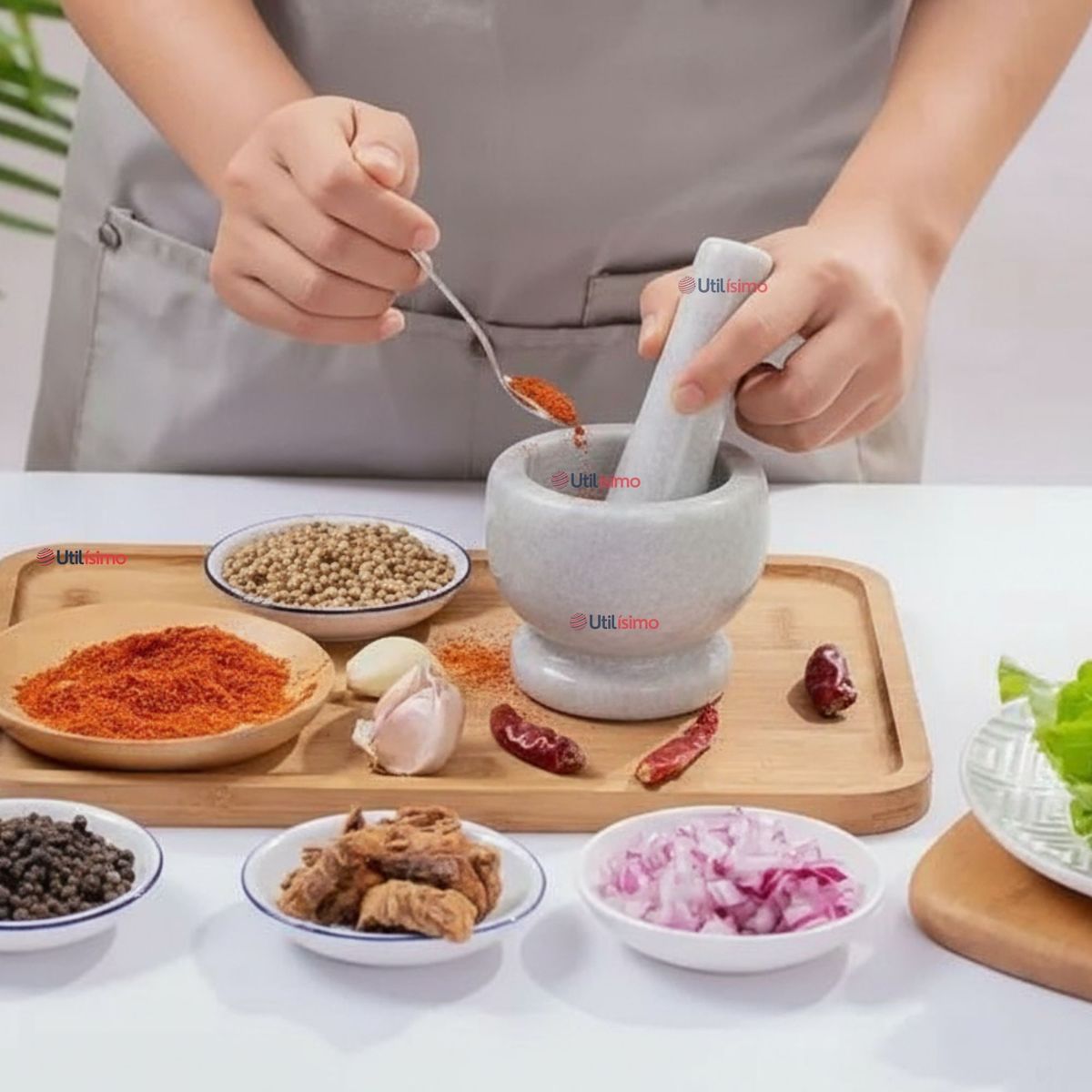 UTILISIMO - Mortero De Piedra Mármol Natural Pulido Para Moler Especies Cocina