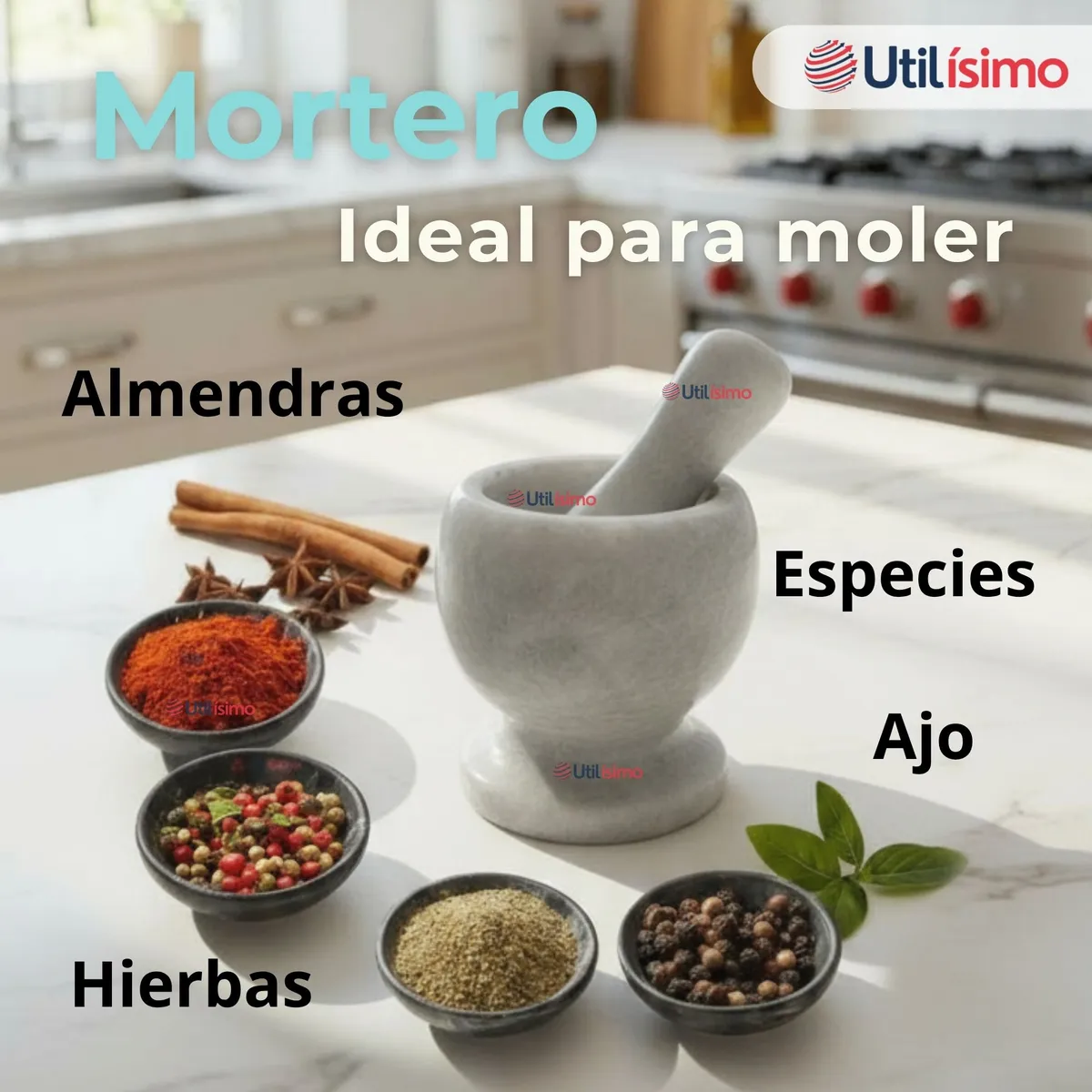 UTILISIMO - Mortero De Piedra Mármol Natural Pulido Para Moler Especies Cocina
