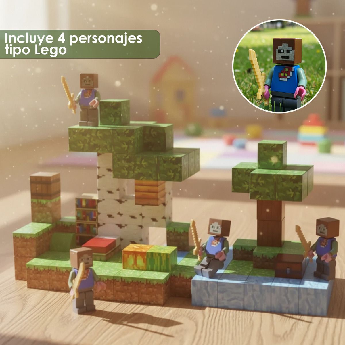 HOMEBRANDT - Bloques Imantados Cubos 128pcs 4 Muñecos Construcción Bosque