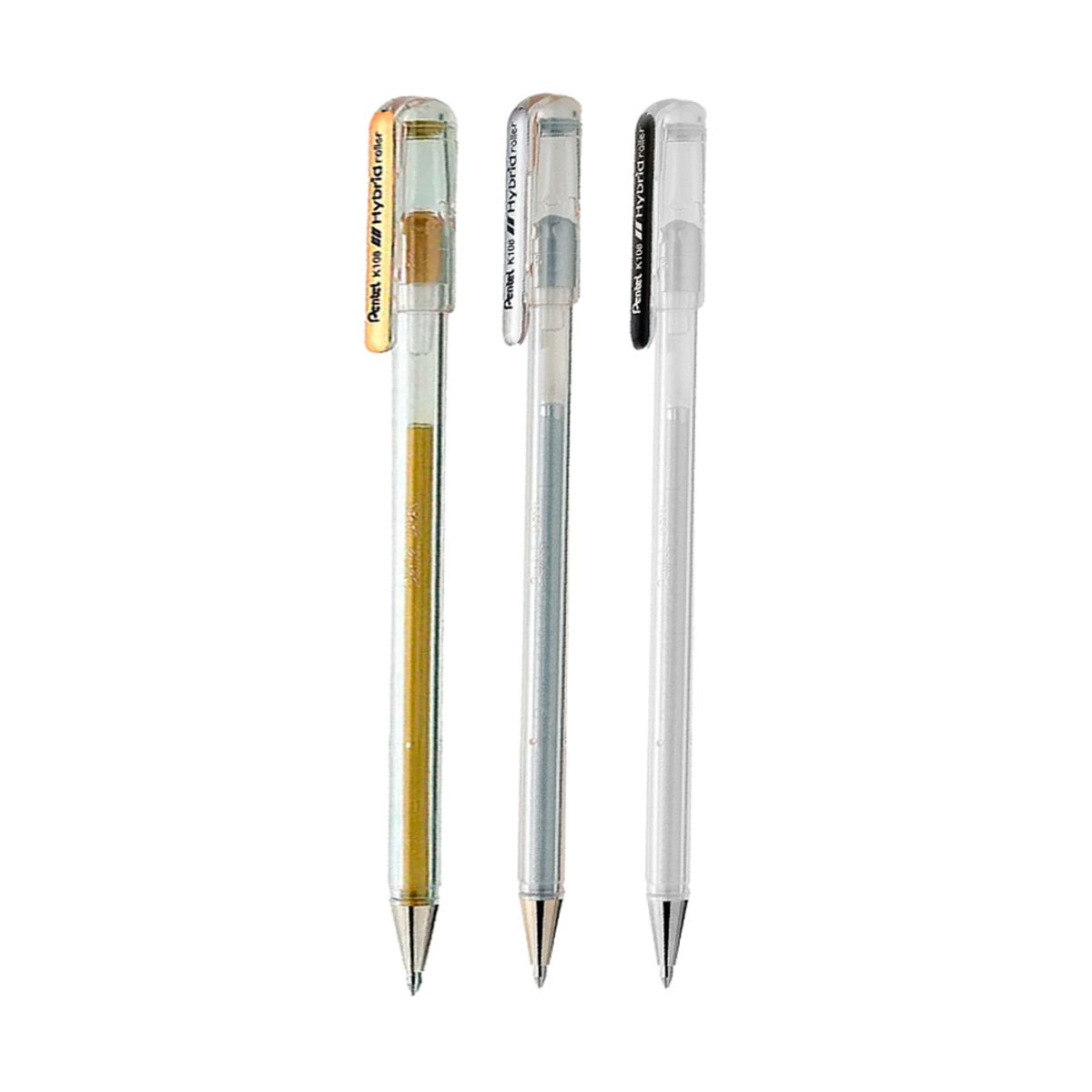 PENTEL - Set 3 Lápiz Gel Hybrid 08mm Pentel Oro Plata Blanco