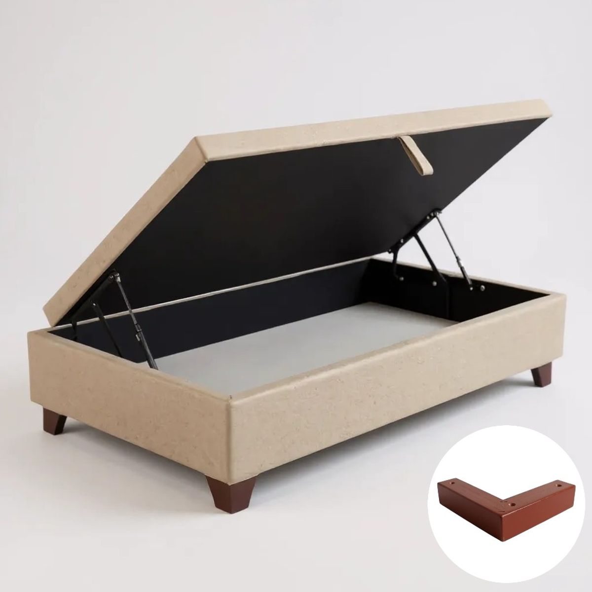 BLOCCARE - Base Cama Baul 1.5 Plaza (Beige)  L190 / con Patas de madera 4.5 cm / Con refuerzo