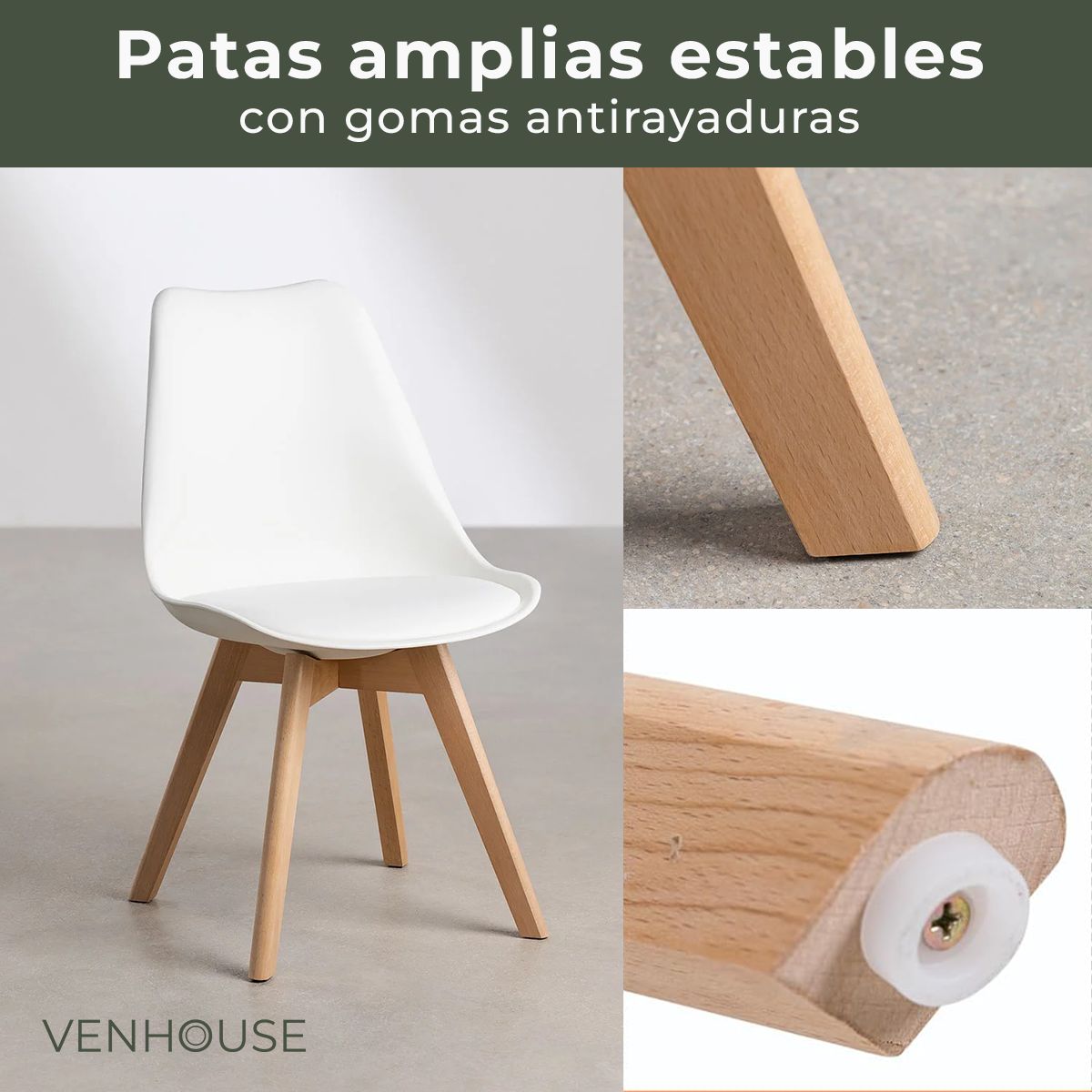 VENHOOUSE - Pack 3 Sillas Tulips Acolchadas Blancas