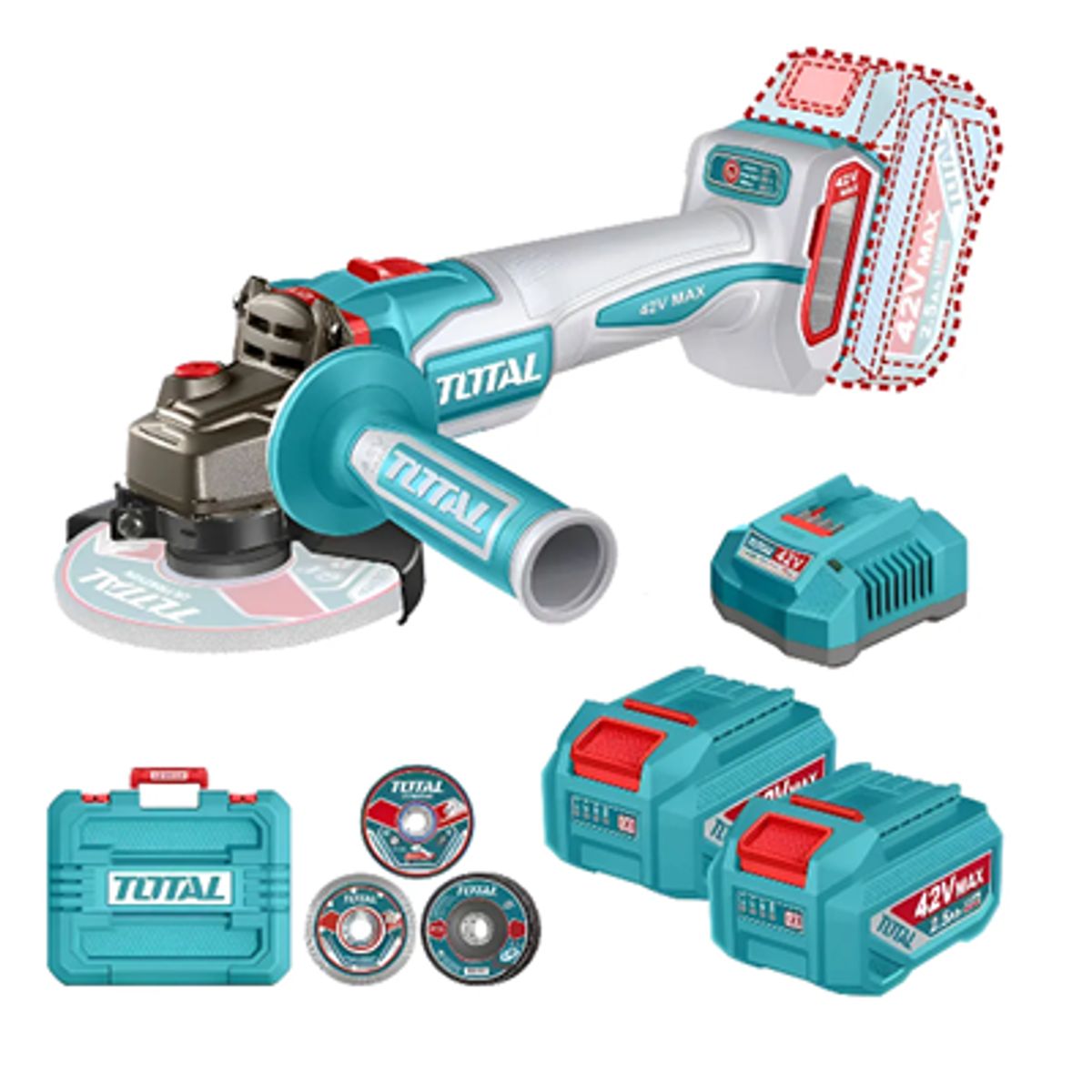 TOTAL TOOLS - Galletera Esmeril Angular 42v 2 Bat+ Carg Total Tagli4128112 - Turquesa