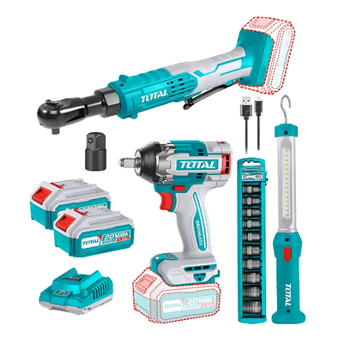 TOTAL TOOLS - Kit Llave Impacto+ Llave Chicharra 38 20v 2bat+ Carg Total