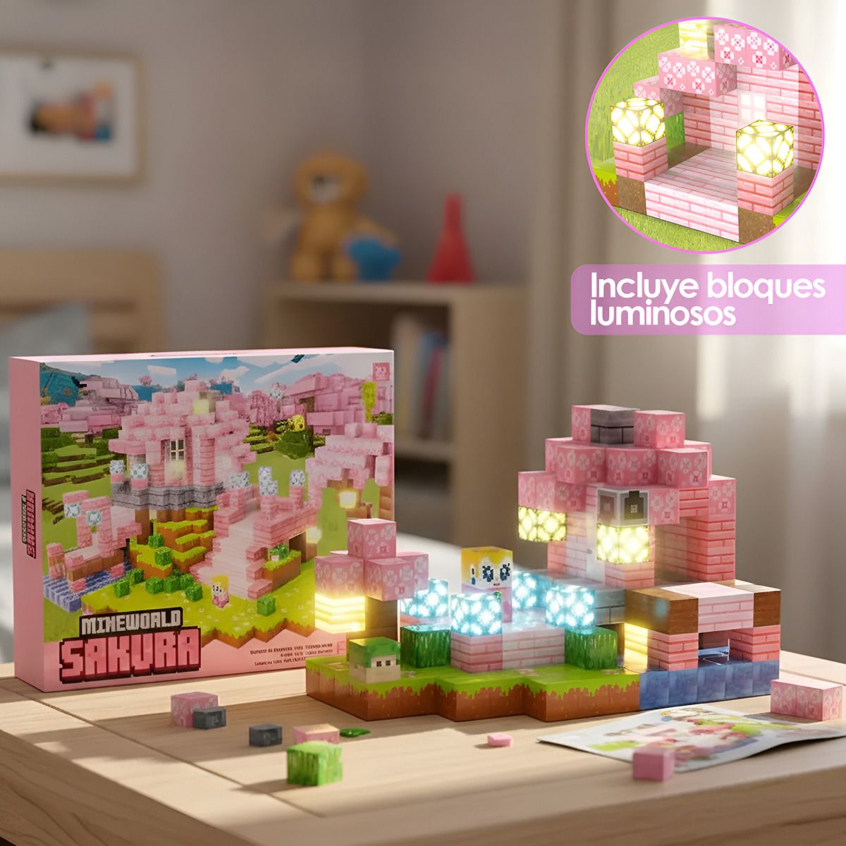 HOMEBRANDT - Bloques Magnéticos Tipo Minecraft 188 Pcs 8 Bloques De Luz Sakura