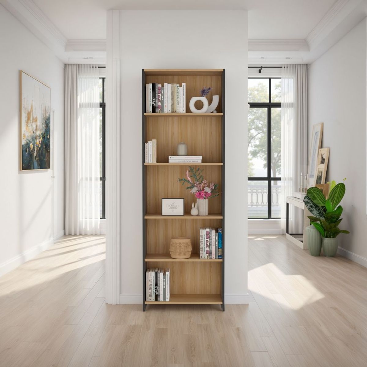 TUHOME - Biblioteca 5 Repisas Lisa Eco Fresno Y Wengue 180x61x25.5 Cm
