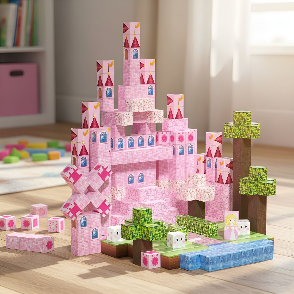 HOMEBRANDT - Bloques Magnéticos Cubos Grandes Tipo Minecraft Castillo 128Piezas