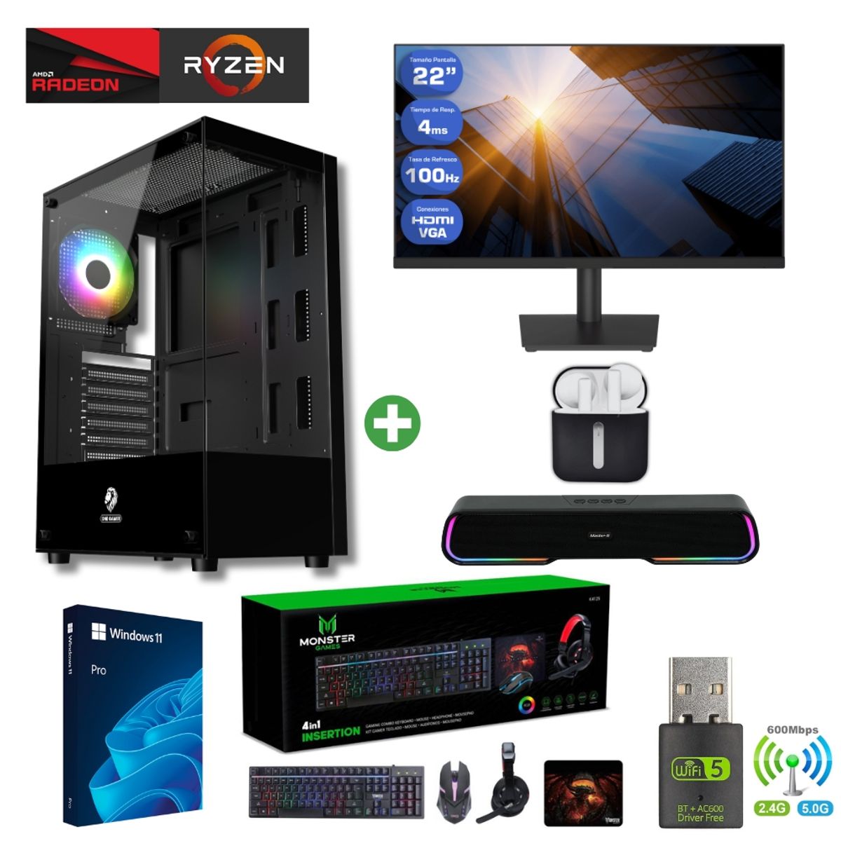 AMD CORP - Pc Gamer AMD 5 3400G - 16GB Ram - Vega 11 - 1TB - (Monitor 22" + Parlante) ALE