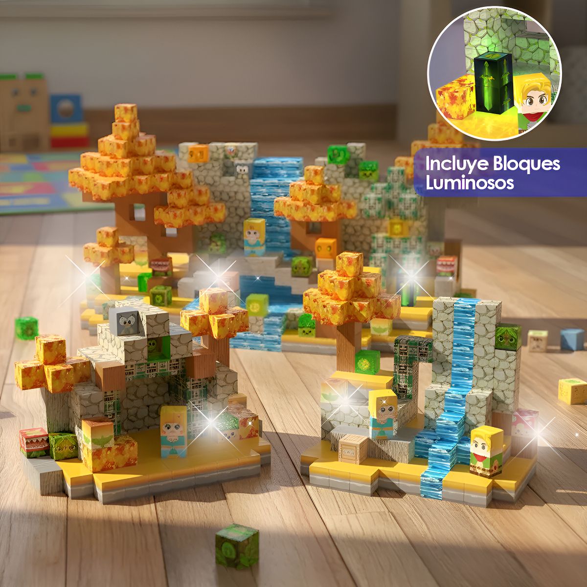 HOMEBRANDT - Bloques Magnéticos Tipo Minecraft 200 Pcs Con 10 Bloques De Luz