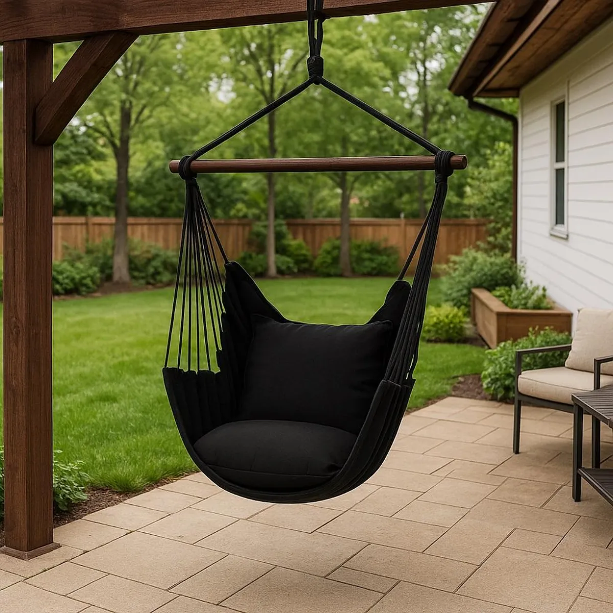 GENERICO - Silla hamaca colgante con cuerda + 2 cojines Columpio Jardín - Negro