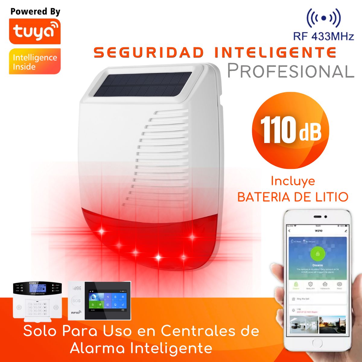 D MOTICA - Sirena Alarma RF433 110db-15w Dual 12V + Batería y Carga Solar