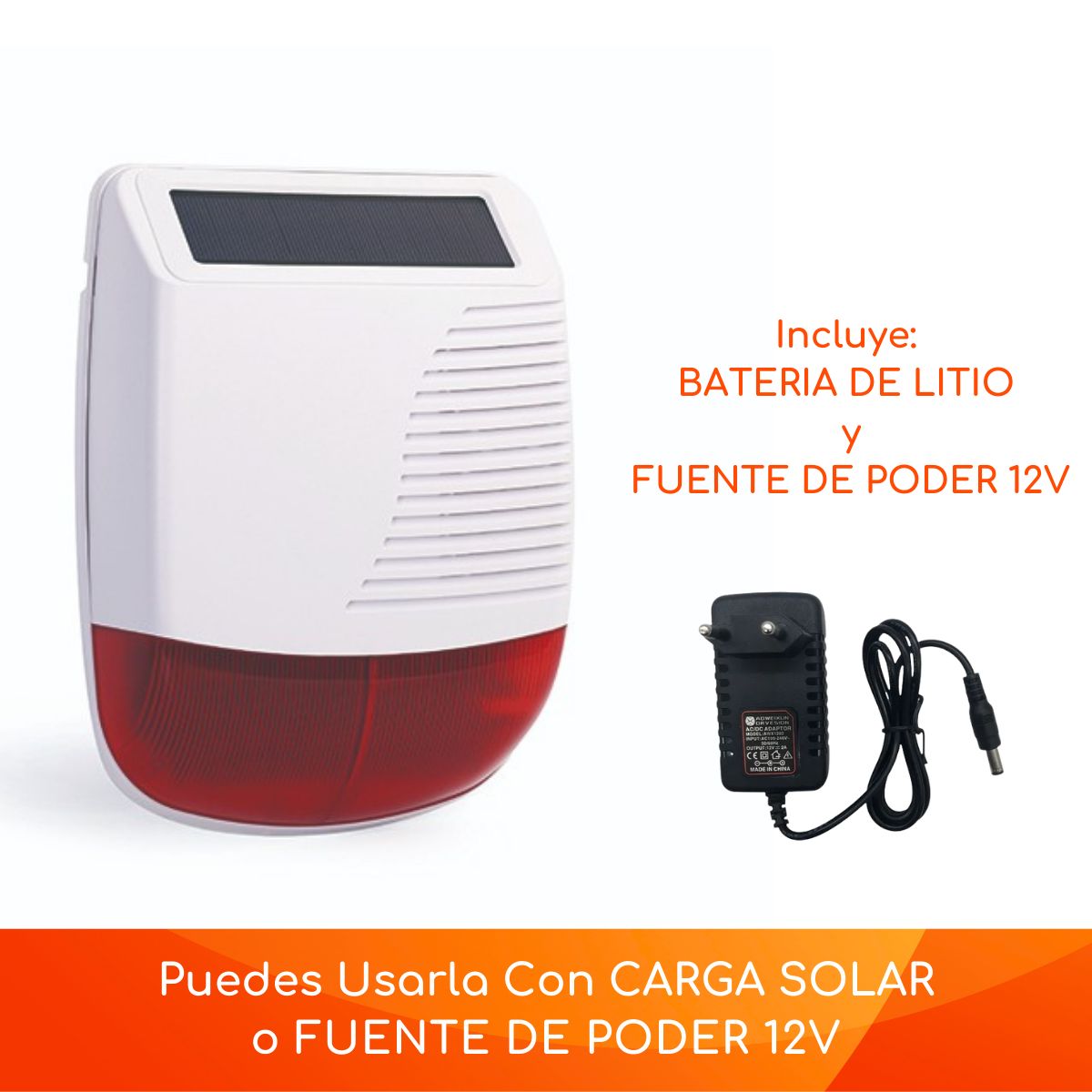 D MOTICA - Sirena Alarma RF433 110db-15w Dual 12V + Batería y Carga Solar