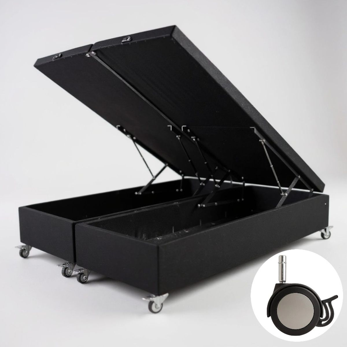 BLOCCARE - Base Cama Baul 2 Plazas Dividida (Negro)  L200 / con Ruedas Logo / Con refuerzo