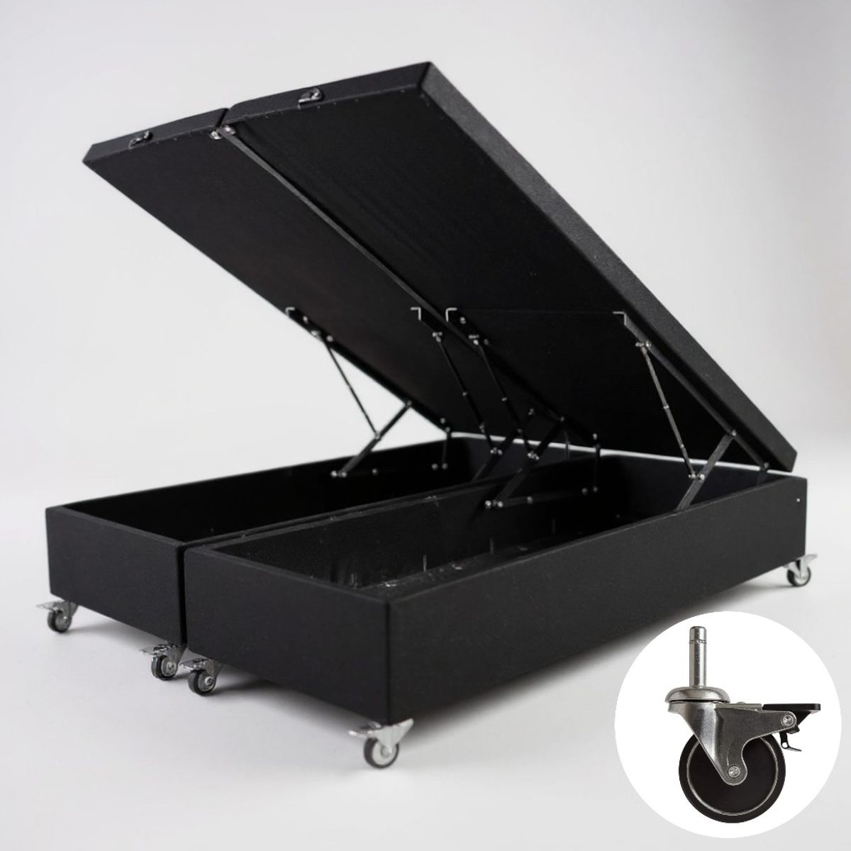 BLOCCARE - Base Cama Baul 2 Plazas Dividida (Negro)  L190 / con Ruedas Pyton / Con refuerzo