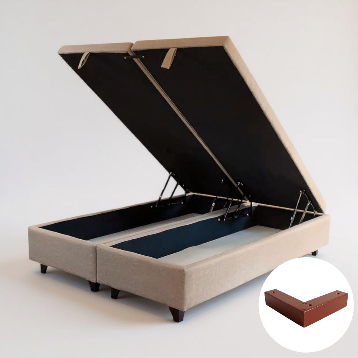 BLOCCARE - Base Cama Baul 2 Plazas Dividida (Beige)  L200 / con Patas de madera 4.5 cm / Con refuerzo