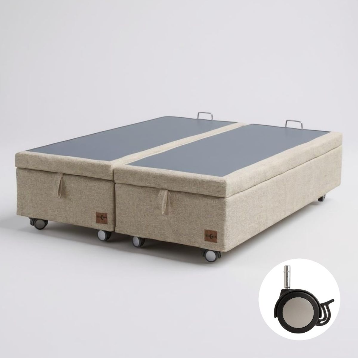 BLOCCARE - Base Cama Baul 2 Plazas Dividida (Beige)  L200 / con Ruedas Logo / Sin refuerzo
