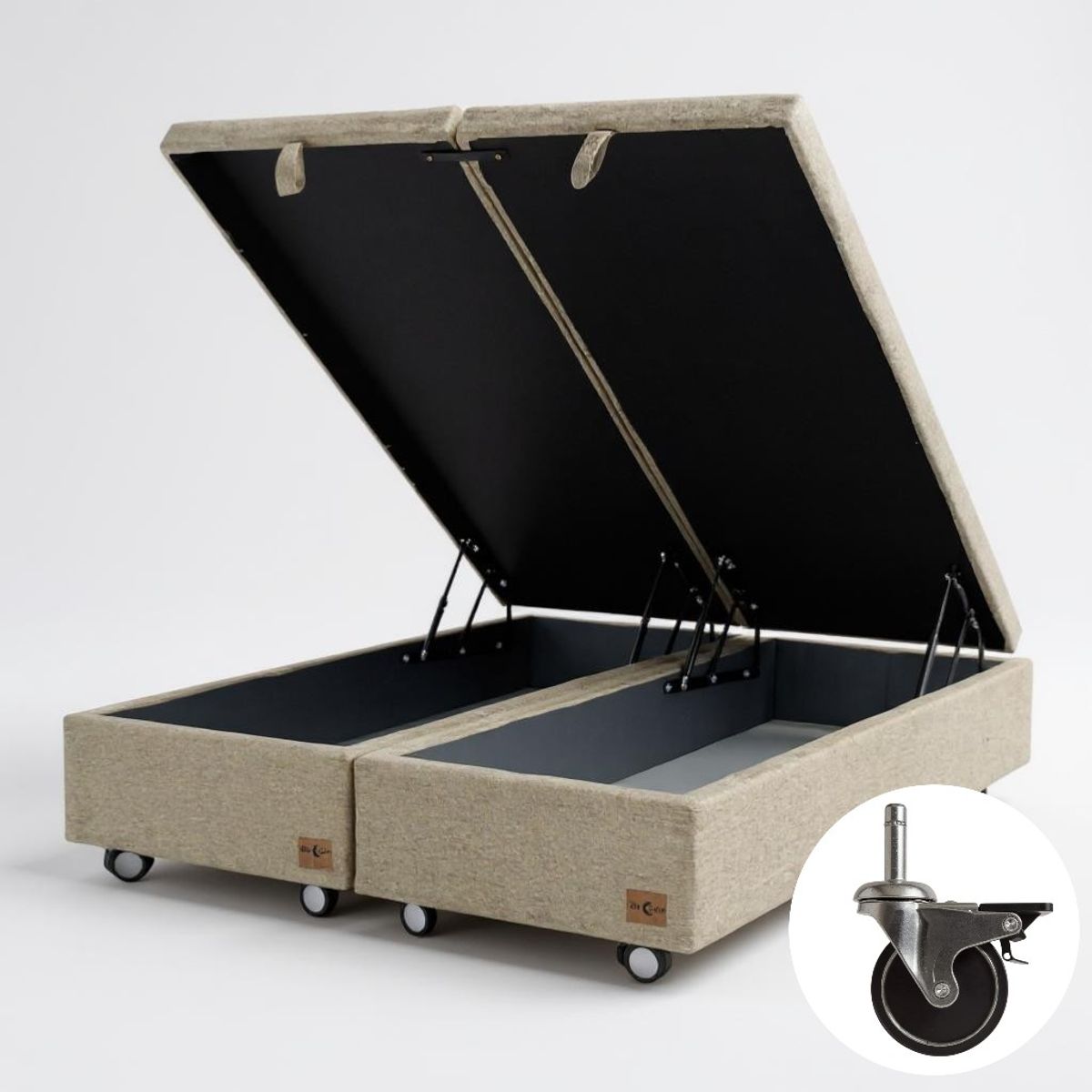 BLOCCARE - Base Cama Baul 2 Plazas Dividida (Beige)  L200 / con Ruedas Pyton / Con refuerzo