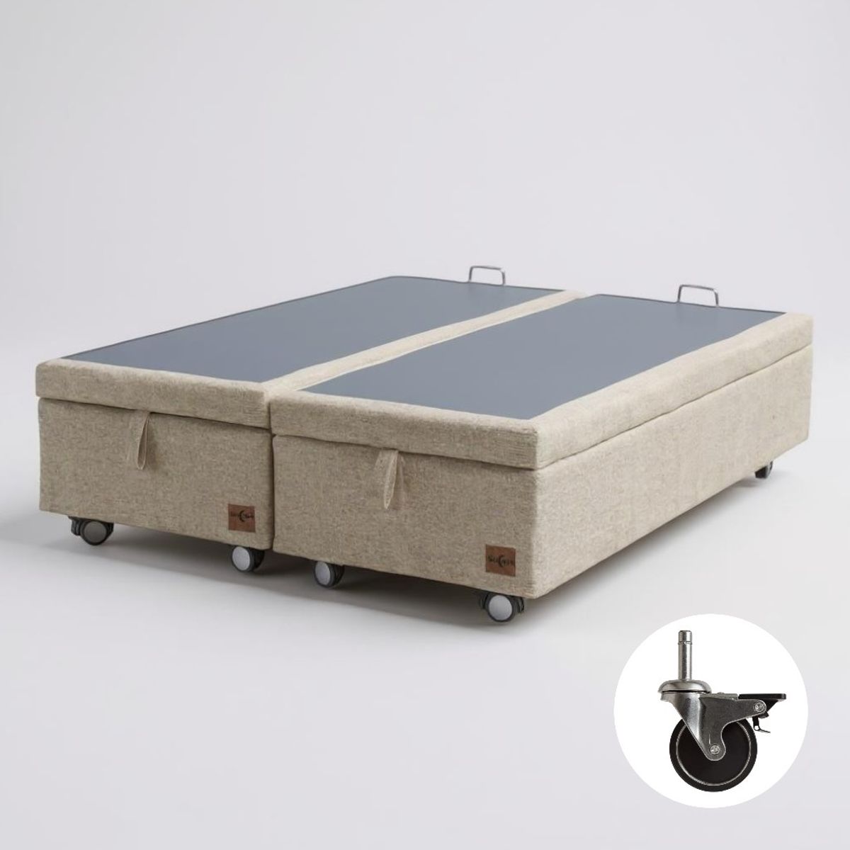 BLOCCARE - Base Cama Baul 2 Plazas Dividida (Beige)  L200 / con Ruedas Pyton / Con refuerzo