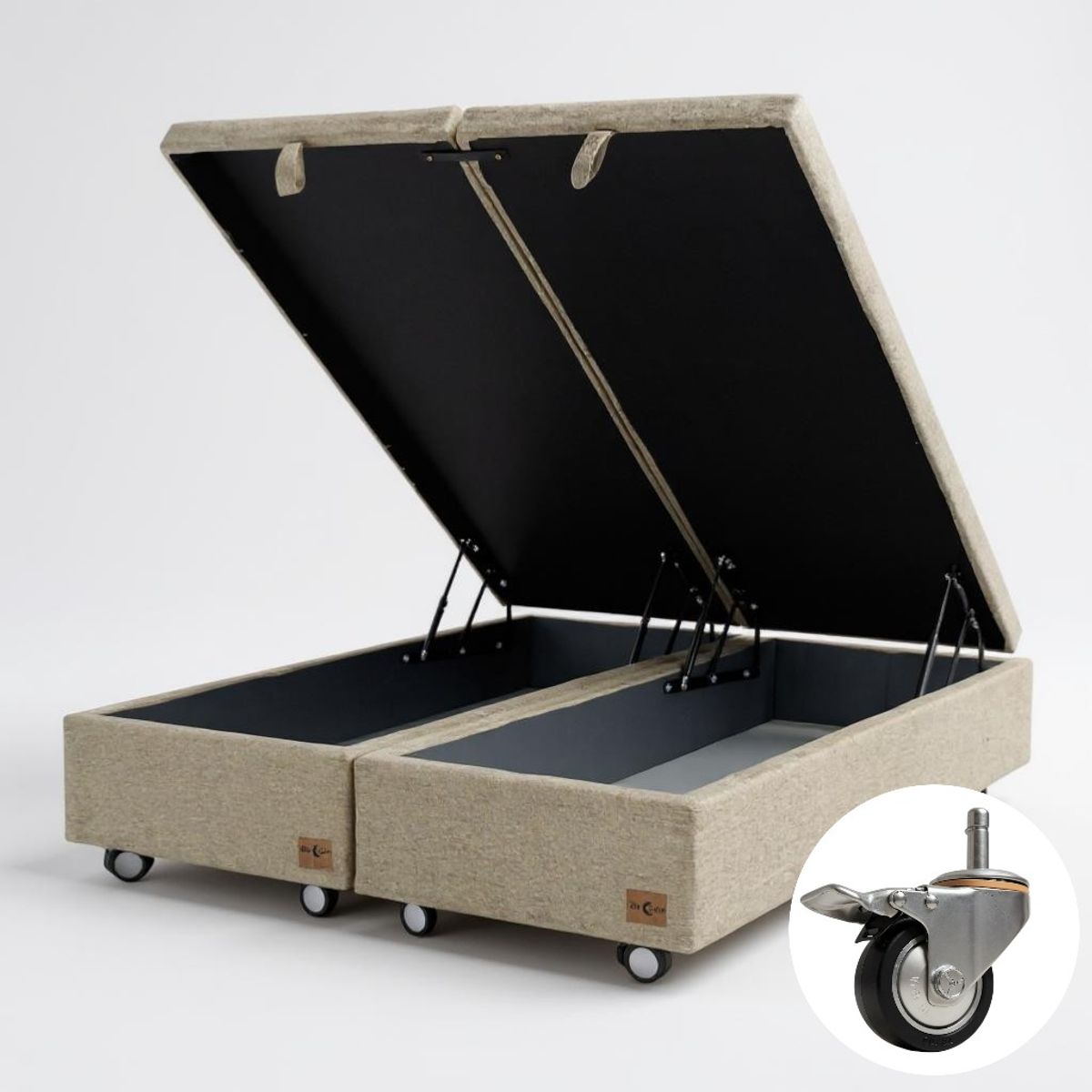 BLOCCARE - Base Cama Baul 2 Plazas Dividida (Beige)  L200 / con Ruedas Deluxe / Con refuerzo