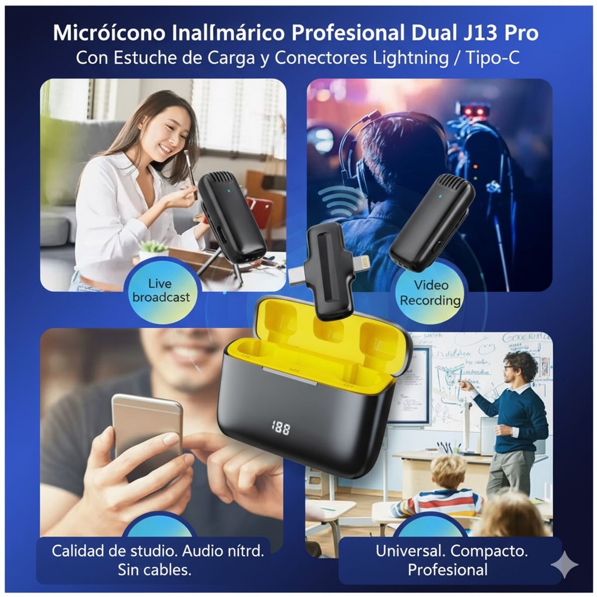 GENERICO - Micrófono Inalámbrico 2 en 1 con Estuche Digital Cancelación de Ruido y Conectores Lightning / USB-C