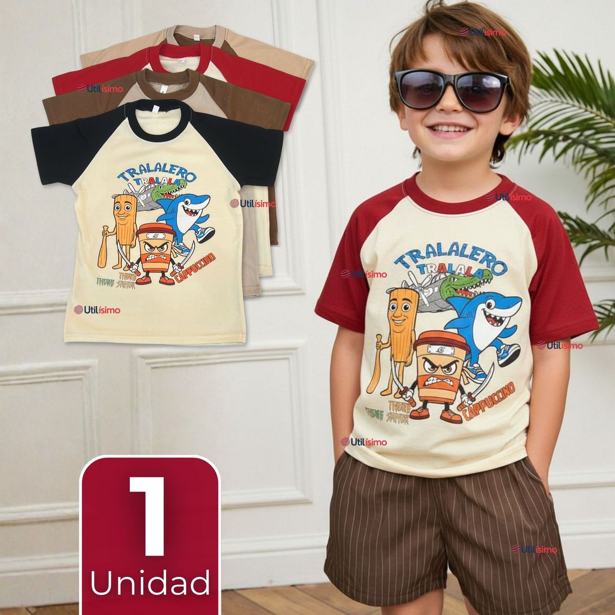 UTILISIMO - Polera Brainrots 100% Algodón Manga Corta Niño Tralalero Colores Surtidos