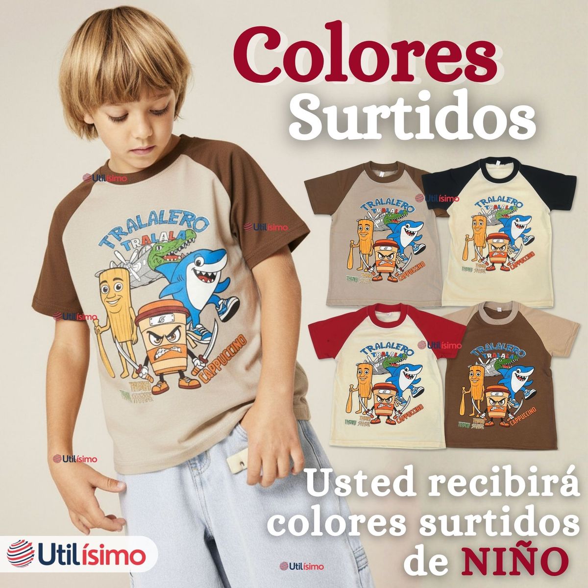 UTILISIMO - Polera Brainrots 100% Algodón Manga Corta Niño Tralalero Colores Surtidos