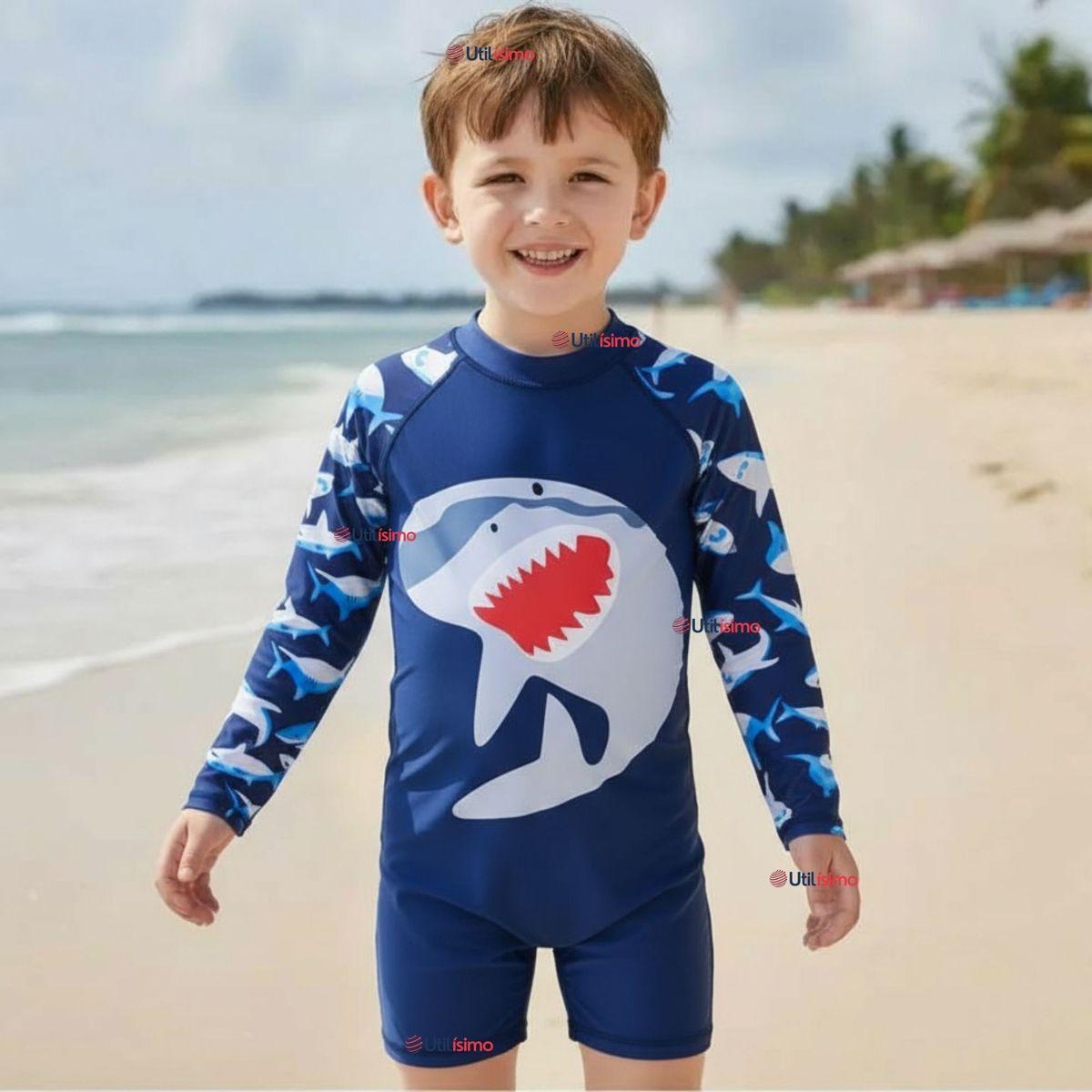 JUMP KIDS - Traje de Baño Enterito Con Cremallera Manga Larga Niño 2 a 6 años Blue Shark