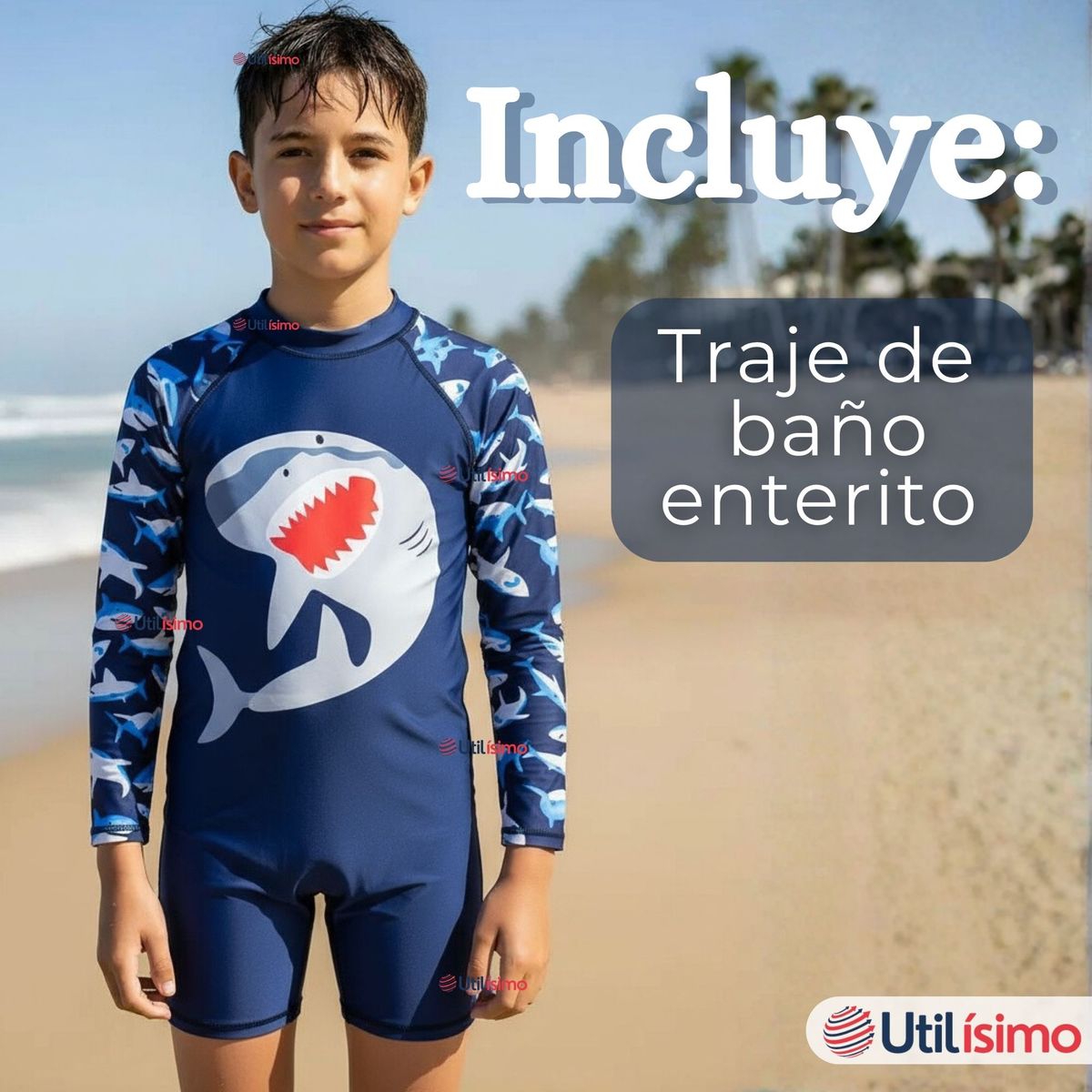 JUMP KIDS - Traje de Baño Enterito Con Cremallera Manga Larga Niño 2 a 6 años Blue Shark