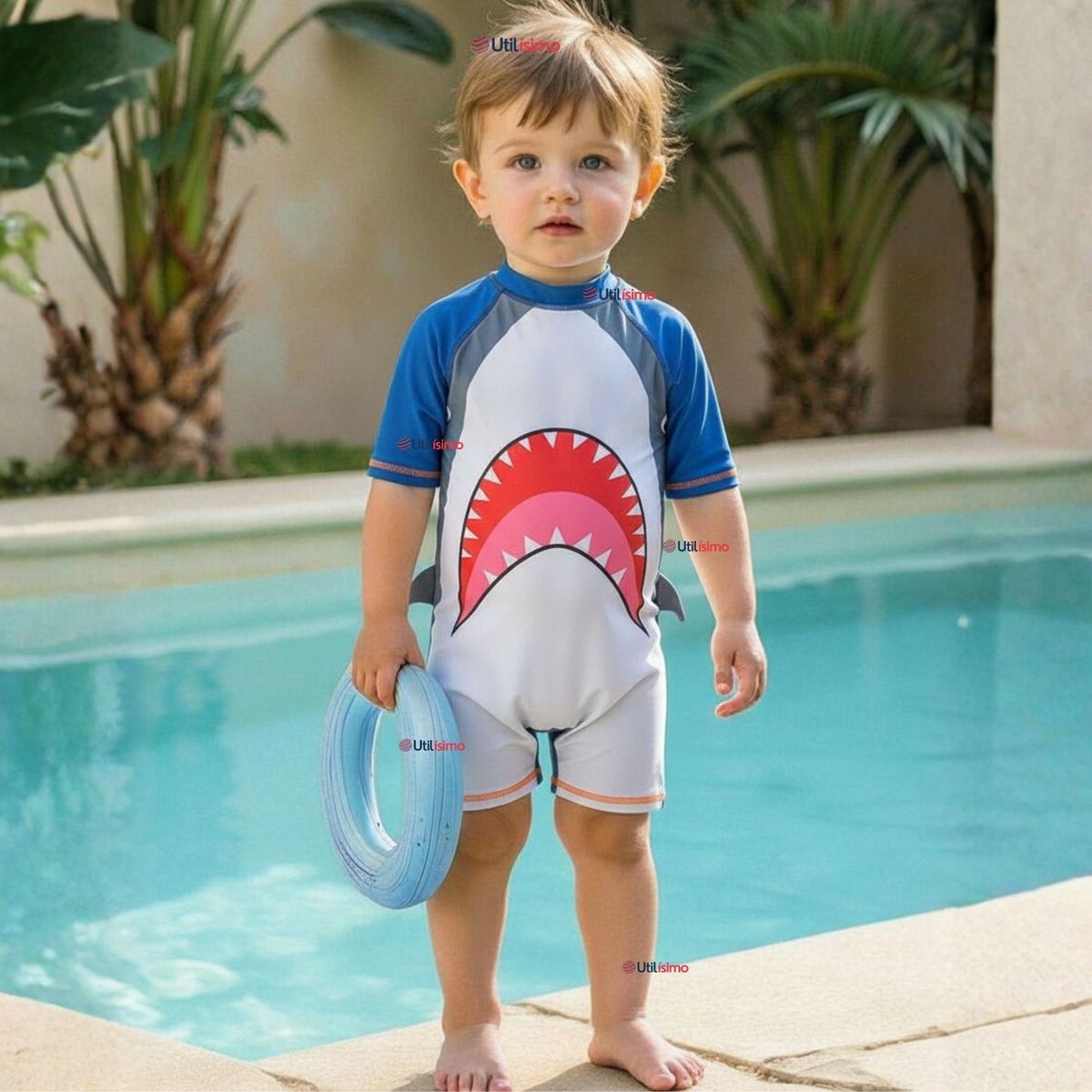 JUMP KIDS - Traje de Baño Enterito Con Cremallera Manga Corta Niño 2 a 6 años Gray Shark