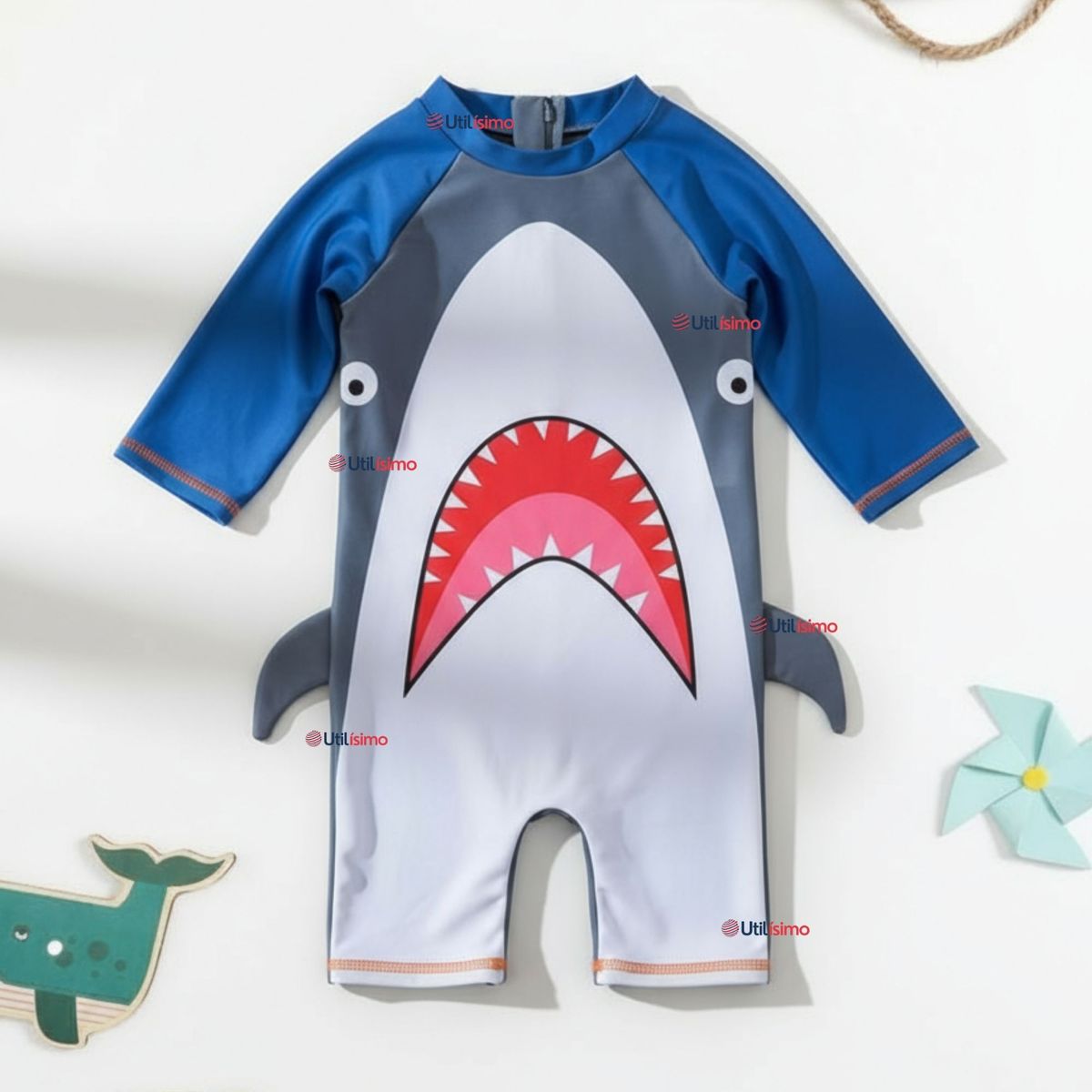 JUMP KIDS - Traje de Baño Enterito Con Cremallera Manga Corta Niño 2 a 6 años Gray Shark