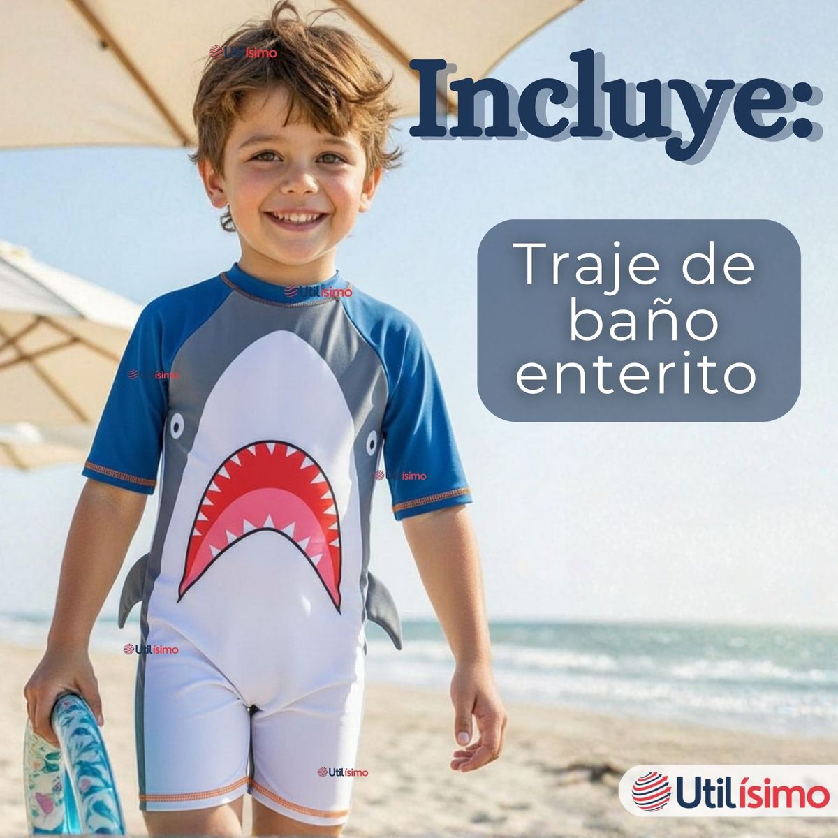 JUMP KIDS - Traje de Baño Enterito Con Cremallera Manga Corta Niño 2 a 6 años Gray Shark