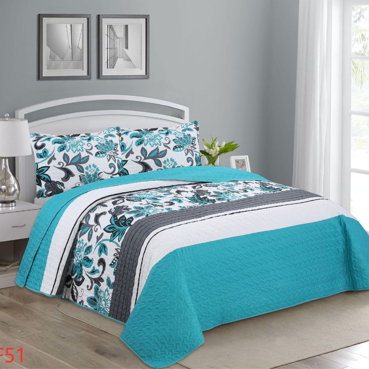 GENERICO - Cubrecama Quilt Plaza y Media  Turqueza floreado