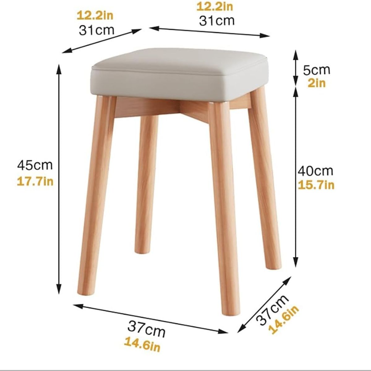 YOMYM - Taburete Cuadrado Tapizado en Madera Natural y Tela Beige