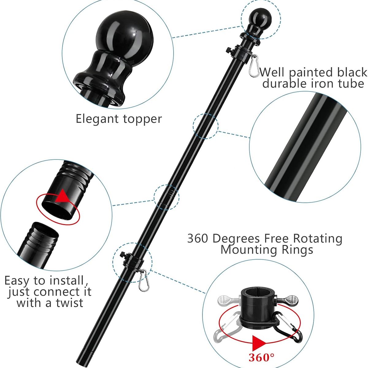 KUANGYE - Asta De Acero inoxidable Para Banderas De 180cm Con Soporte