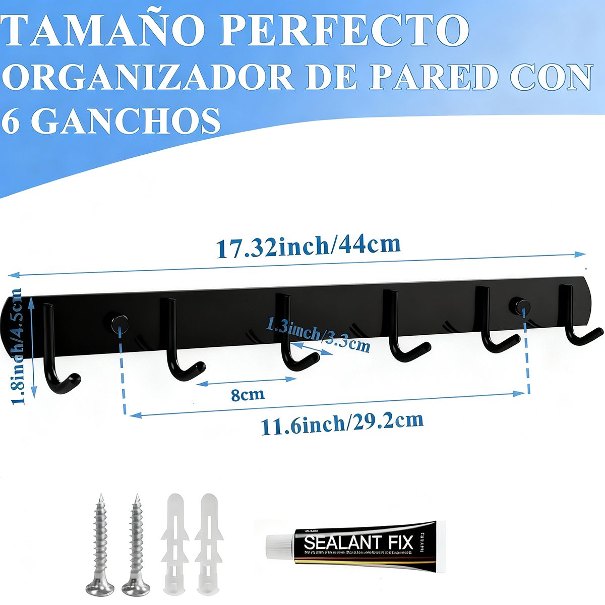 EINICIO - Perchero resistente con 6 ganchos de acero inoxidable-Negro