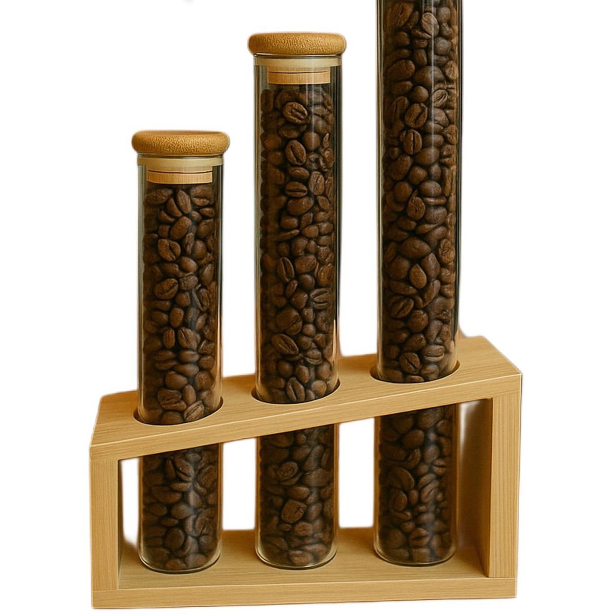 GENERICO - Set 3 Frascos Tubo Café con Tapa Bambú + Base Madera – Decorativos / Cocina Premium
