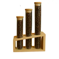 GENERICO - Set 3 Frascos Tubo Café con Tapa Bambú + Base Madera – Decorativos / Cocina Premium