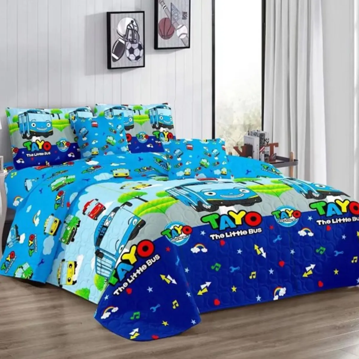 GENERICO - CUBRECAMA DE NIÑO QUILT DE VERANO DELGADO DISEÑO INFANTIL AZUL TAYO 1.5 PLAZA