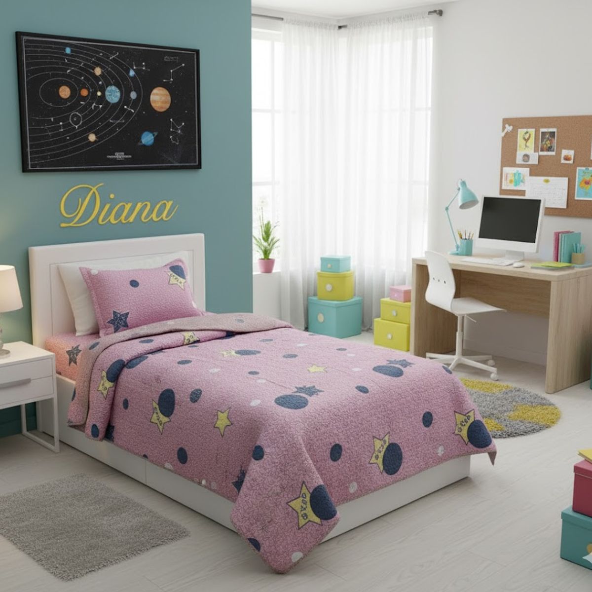 GENERICO - CUBRECAMA DE NIÑA QUILT DE VERANO DELGADO DISEÑO ROSA CICULOS ESTRELLA 1.5 PLAZA