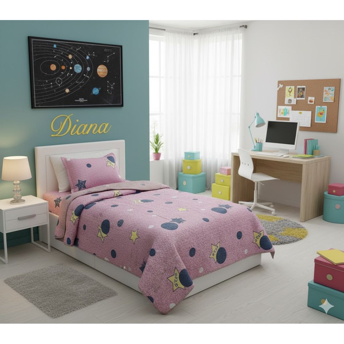 GENERICO - CUBRECAMA DE NIÑA QUILT DE VERANO DELGADO DISEÑO ROSA CICULOS ESTRELLA 1.5 PLAZA