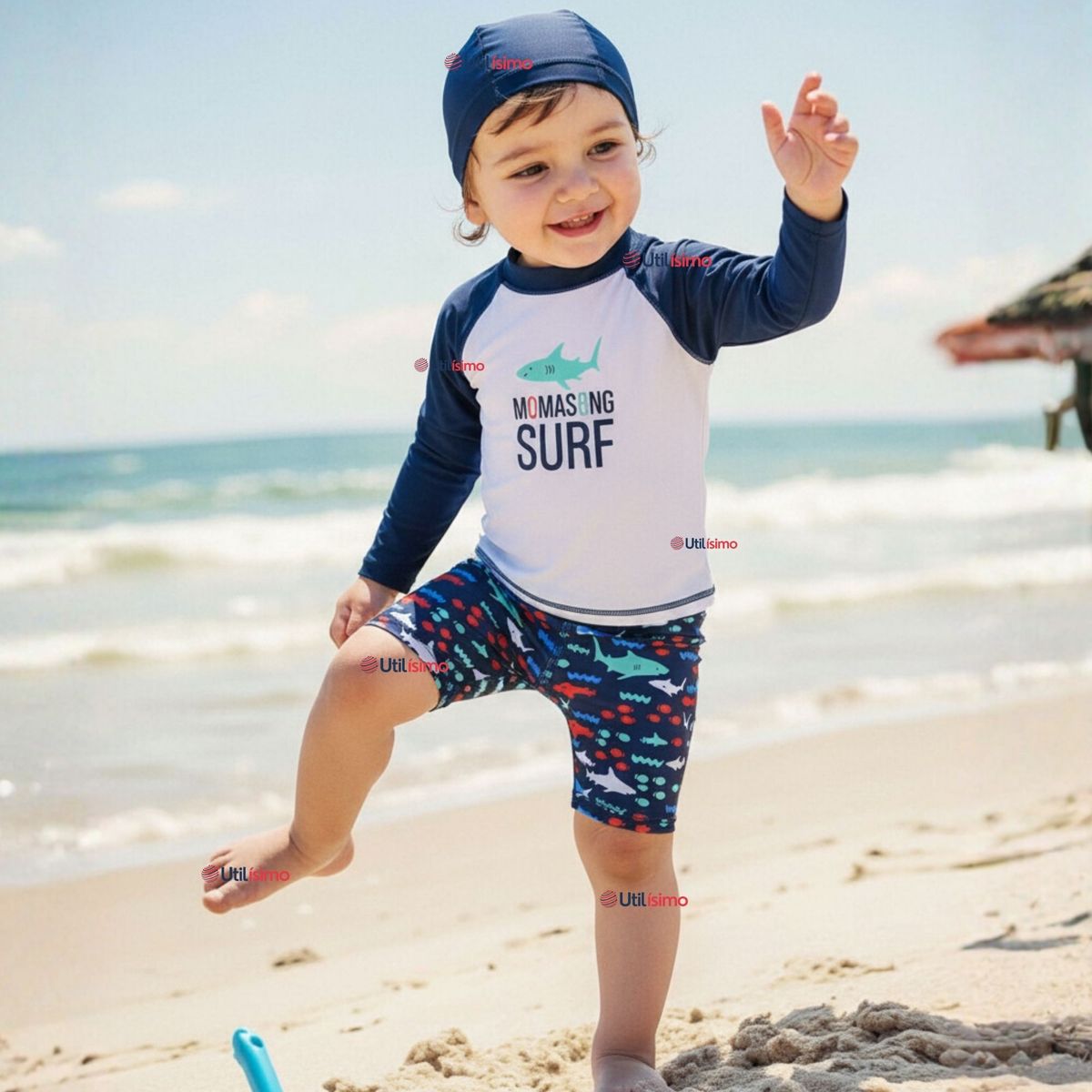JUMP KIDS - Traje de Baño Con Gorro Pantalón Corto Manga Larga 3 Piezas Corte Split Niño 3 a 9 años Blue Surf