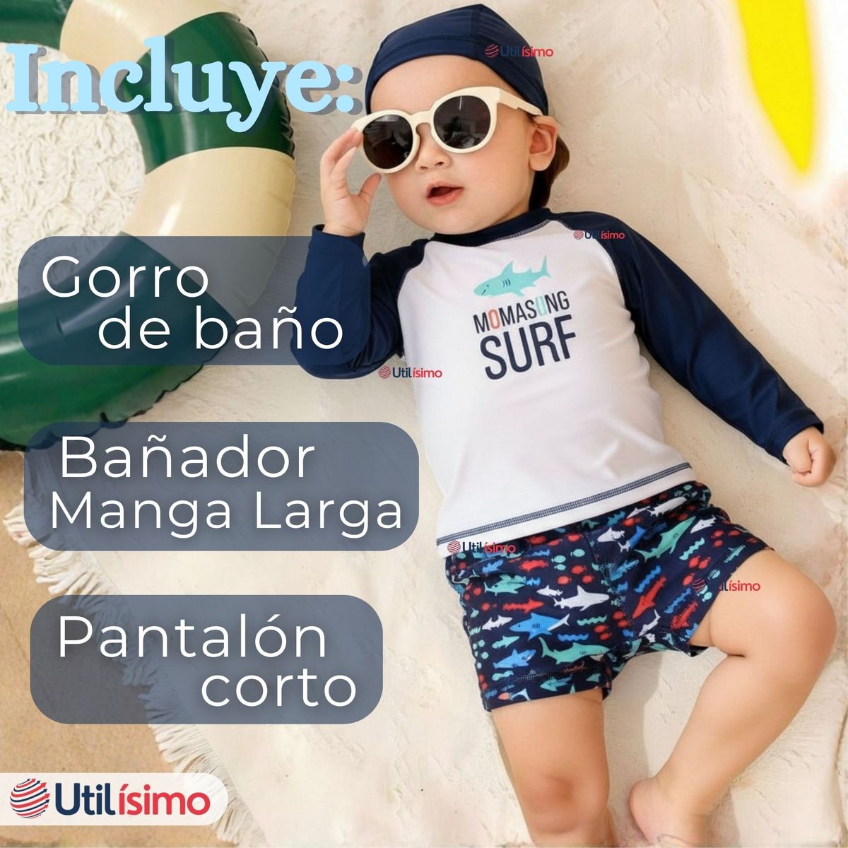 JUMP KIDS - Traje de Baño Con Gorro Pantalón Corto Manga Larga 3 Piezas Corte Split Niño 3 a 9 años Blue Surf