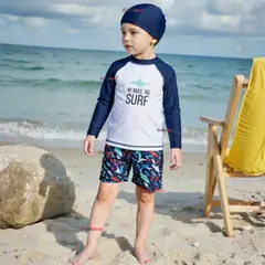 JUMP KIDS - Traje de Baño Pantalón Corto Manga Larga y Gorro 3 Piezas Corte Split Niño 3 a 9 años Blue Surf