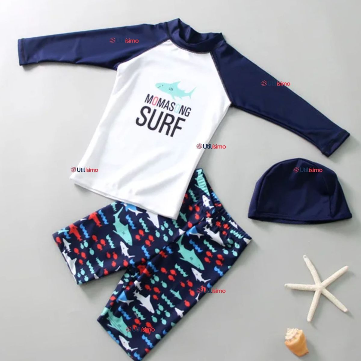 JUMP KIDS - Traje de Baño Pantalón Corto Manga Larga y Gorro 3 Piezas Corte Split Niño 3 a 9 años Blue Surf