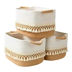 WAKESHOME - Pack 3 Canasto Tejido Bordado con Asas Cesta Cuadrada para Organizar