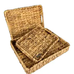 WAKESHOME - Set 3 Cestas Bajas Bandejas Rectangulares De Almacenamiento Tejidas Cuerda De Yute Marrón