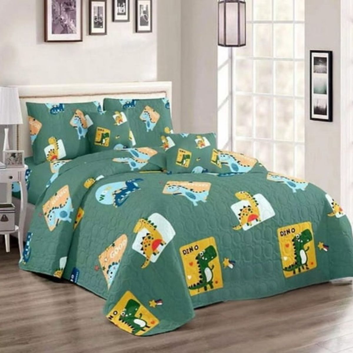 GENERICO - CUBRECAMA DE NIÑO QUILT DE VERANO DELGADO DISEÑO VERDE DINOSAURIO 1.5 PLAZA