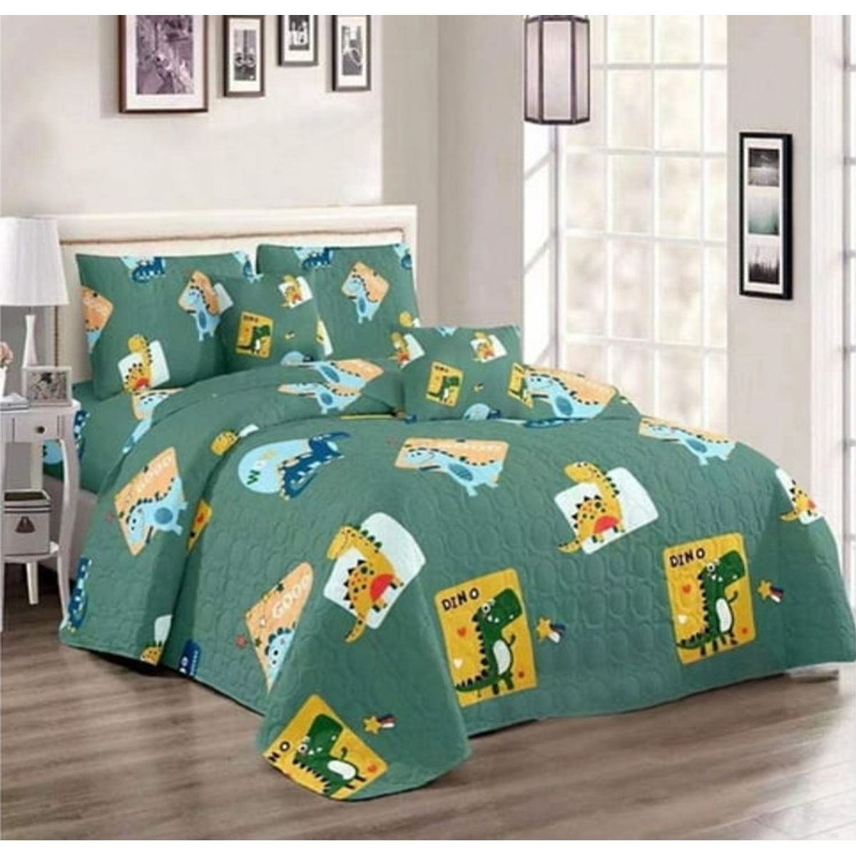 GENERICO - CUBRECAMA DE NIÑO QUILT DE VERANO DELGADO DISEÑO VERDE DINOSAURIO 1.5 PLAZA