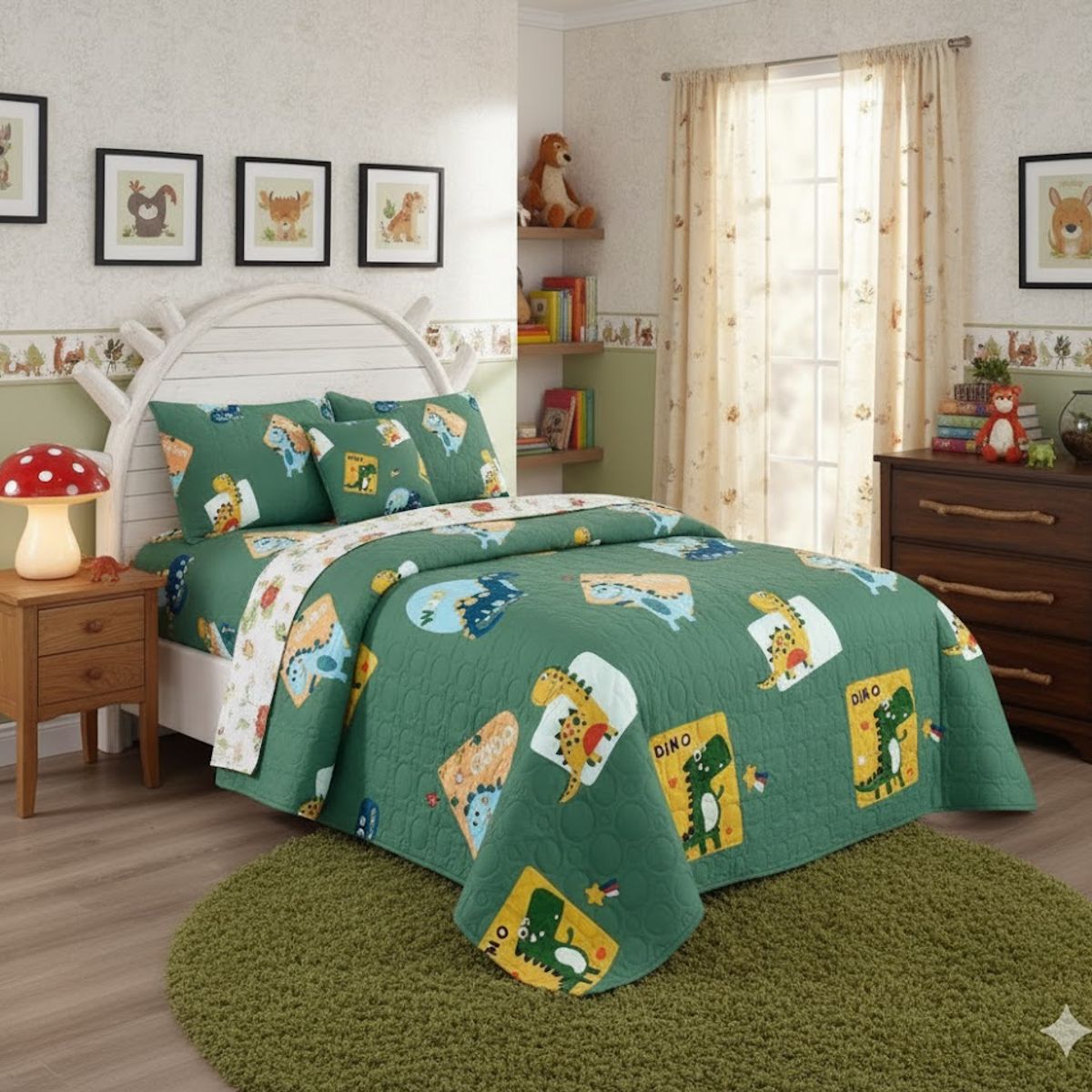 GENERICO - CUBRECAMA DE NIÑO QUILT DE VERANO DELGADO DISEÑO VERDE DINOSAURIO 1.5 PLAZA